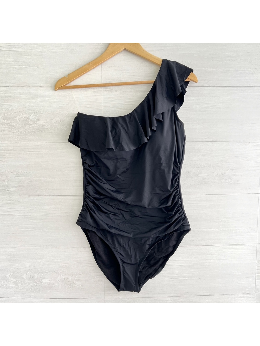 NWT Hilor Black One Shoulder Ruffle One Piece Swimsuit Ruched Tummy Control 12